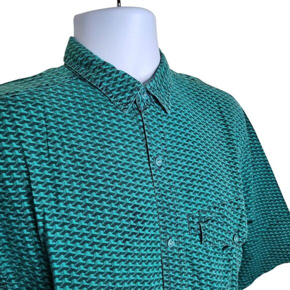Vintage 80s Tomato Geo Check Short Sleeve Button Up Mens Shirt Size M Green - Picture 3 of 7